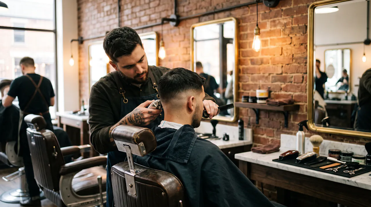 A barber giving a client a skin fade in a vintage leather chair