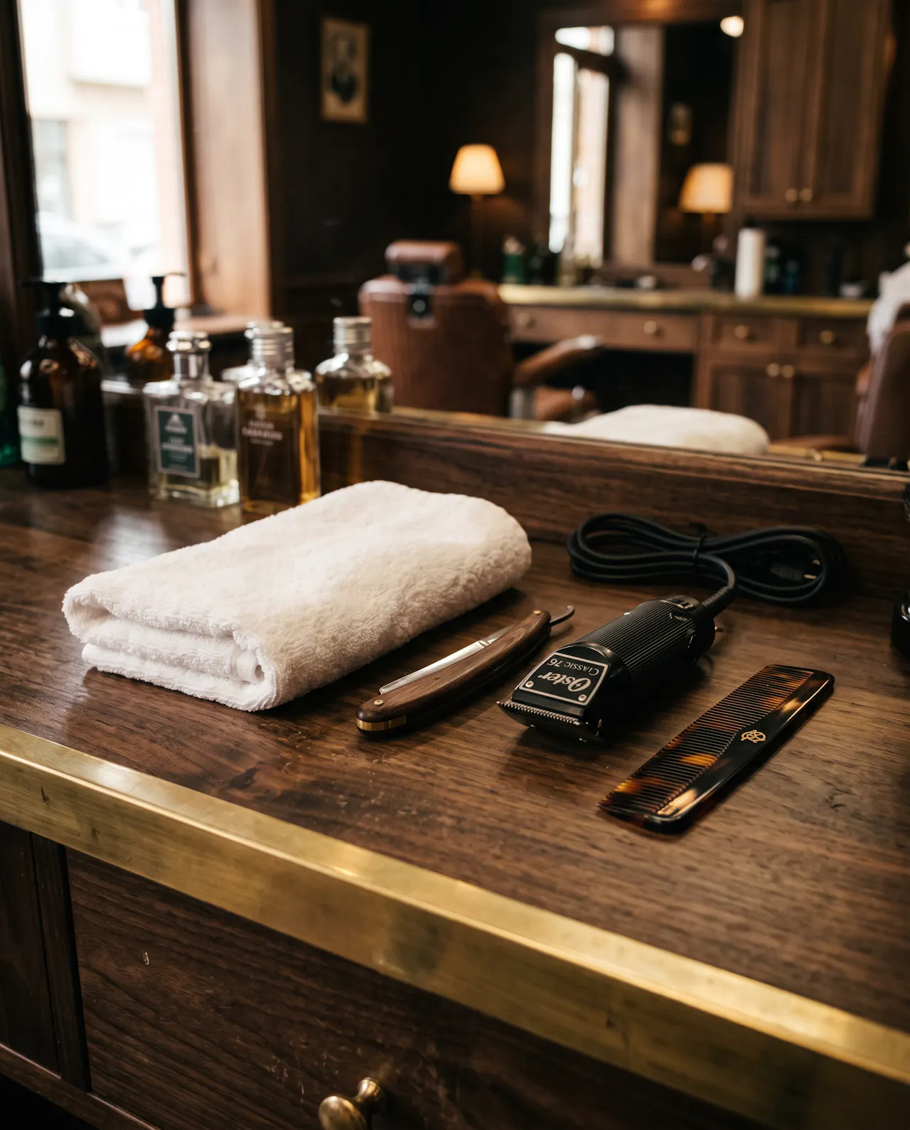 Straight razor, clippers and a hot towel on a walnut counter